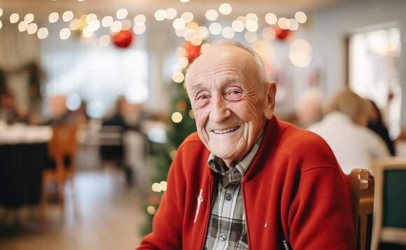 Ein alter Mann lächelt in die Kamera, er lebt in einem Pflegeheim.