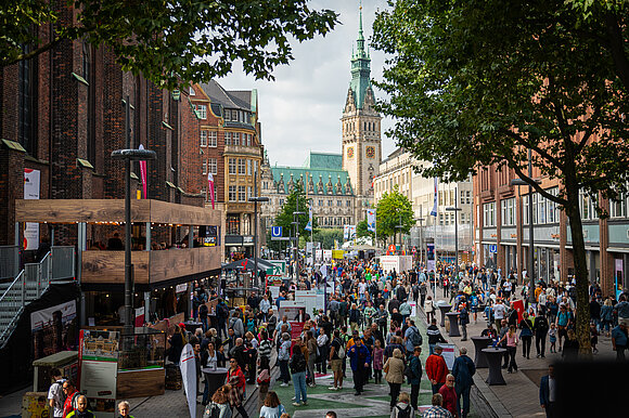 Festival der Einheit in Hamburg 2023: Blick über die Ländermeile Richtung Rathaus: Mehr als 300000 Menschen besuchten bereits am ersten Tag das Bürgerfest.