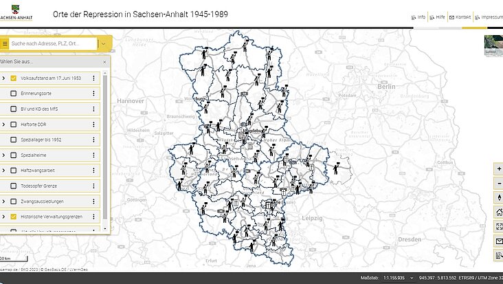 Karte, auf der Eignisse und Orte zur DDR-Geschichte in Sachsen-Anhalt verzeichnet sind.