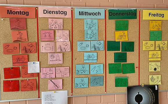 Stundenplan an einer Pinnwand mit vielen bunten Zetteln