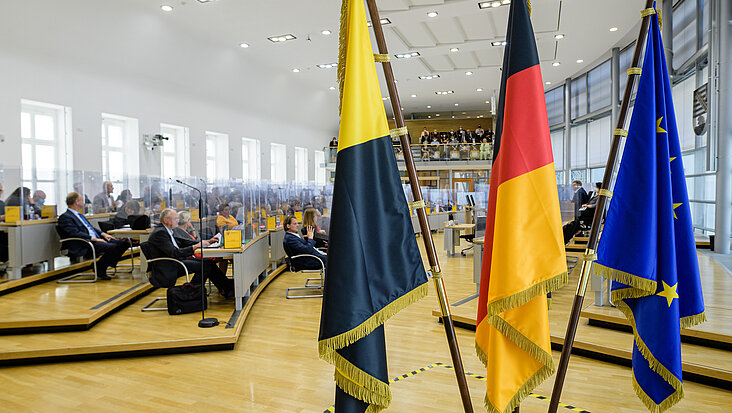 Blick vorbei an Fahnen in den Plenarsaal des Landtags