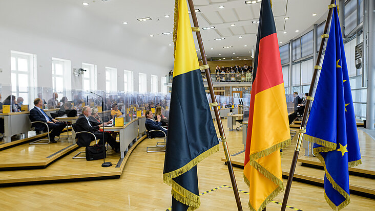 Blick vorbei an Fahnen in den Plenarsaal des Landtags