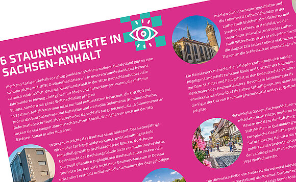 Blick auf Info-Seiten im Terminplaner, hier: 6 Staunenswerte in Sachsen-Anhalt.