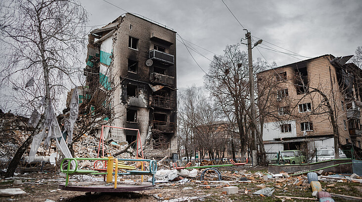 Ein von der russischen Armee zerstörter Straßenzug im ukrainischen Borodjanka.