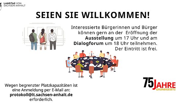 Info-Tafel zur Veranstaltung "75 Jahre Grundgesetz" im Landtag von Sachsen-Anhalt.