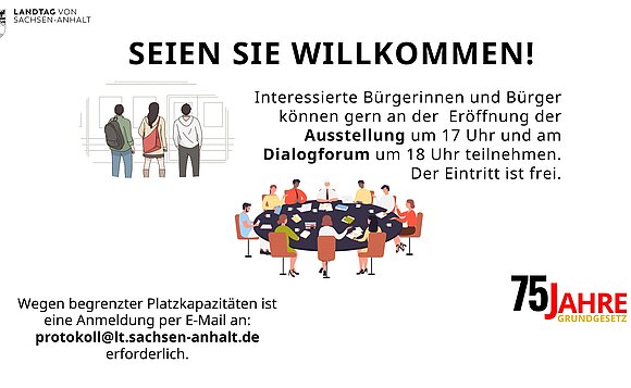 Info-Tafel zur Veranstaltung "75 Jahre Grundgesetz" im Landtag von Sachsen-Anhalt.