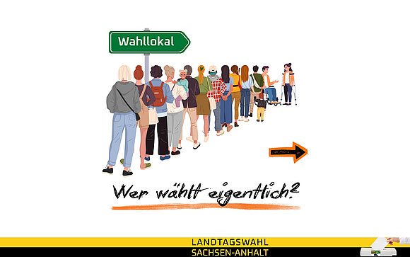 ltls/canva Menschen stehen in einer Schlange. Darüber das Schild: Wahllokal.
