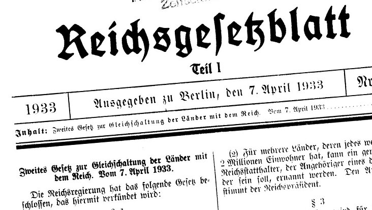 Teil des Titelblatts des Reichsgesetzblatts vom 7. April 1933, durch das das zweite Gleichschaltungsgesetz in Kraft trat.