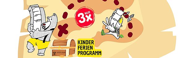 ltlsa/Canva Werbeplakat für die ersten Kinderferienspiele im Landtag von Sachsen-Anhalt. Zu sehen sind die Maskottchen Adler und Bär sowie eine Schatzkarte.