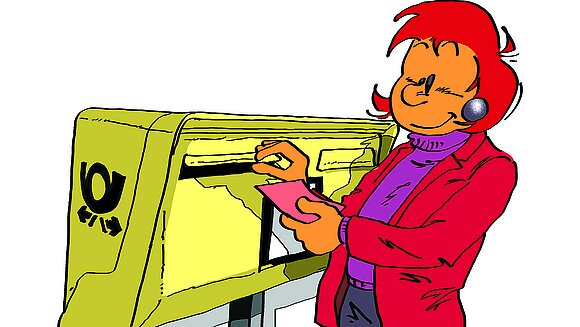 Comic-Bild: Frau steckt Briefumschlag in Postkasten