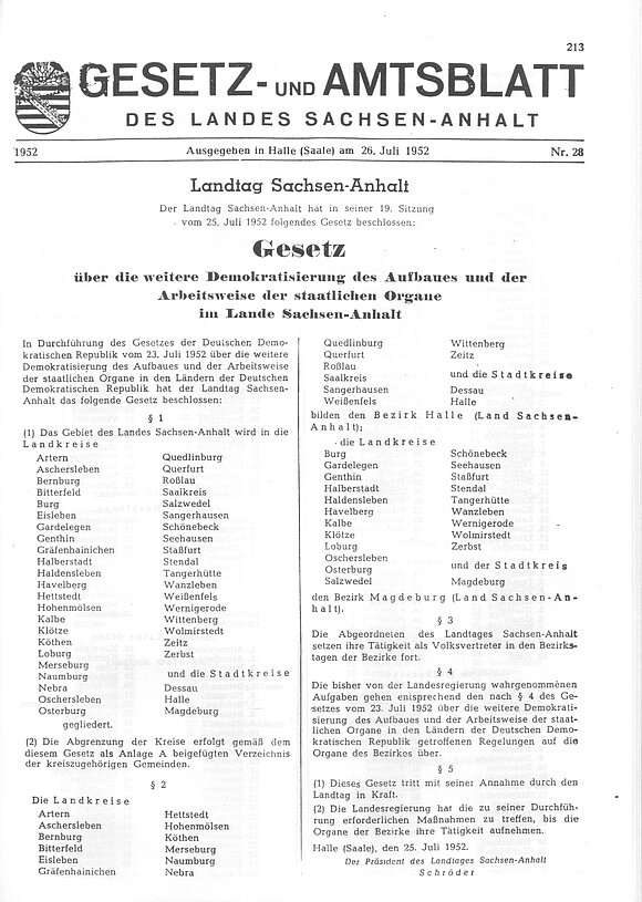 Gesetz- und Amtblatt vom 26. Juli 1952, in dem das verabschiedete Gesetz über die Auflösung des Landtags verkündet wurde.