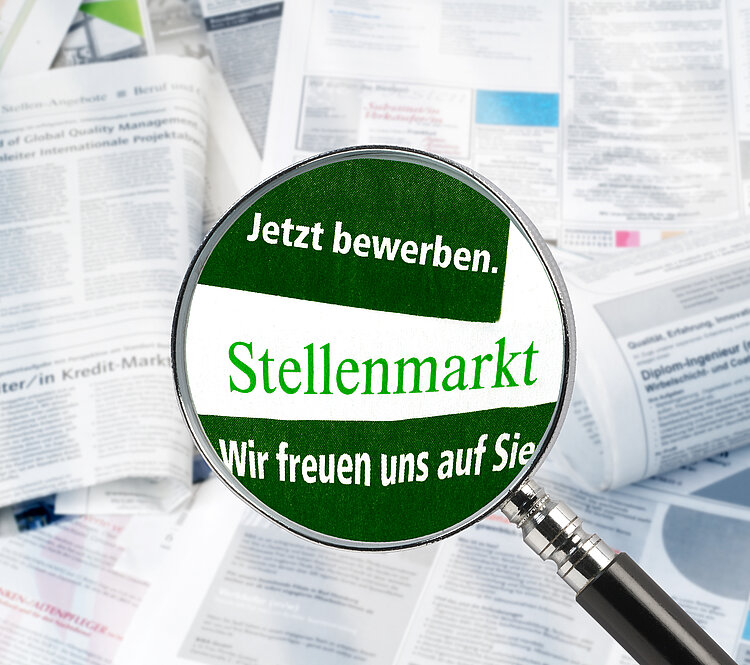 Symbolbild: Lupe vergrößert Schriftzug Stellenportal