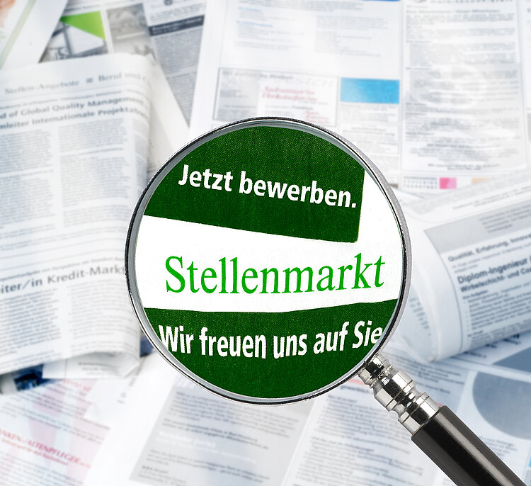 Symbolbild: Lupe vergrößert Schriftzug Stellenportal