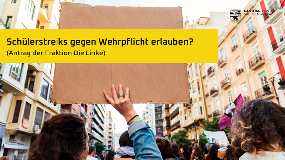 Ein Bild von einer Demonstration, davor der Text " Schülerstreiks gegen Wehrpflicht erlauben? (Antrag der Fraktion Die Linke)"
