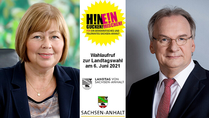 Portaits von Landtagspräsidentin Gabriele Brakebusch und Ministerpräsident Dr. Reiner Haseloff, die gemeinsam zur Wahl aufrufen.