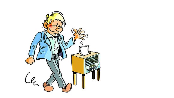 Comic-Bild: Mann steckt den Wahlzettel in die Wahlurne
