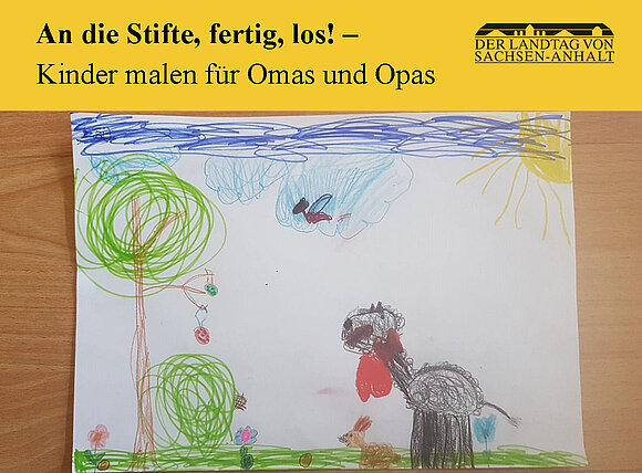 Kinderbild-Zeichnung mit Buntstiften.