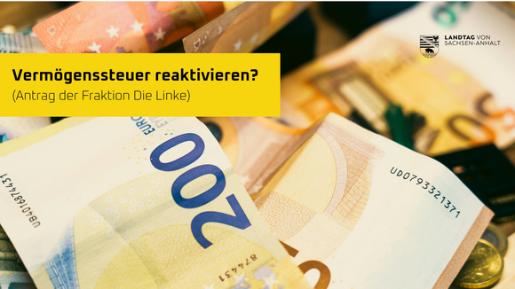 Geld, darüber der Schriftzug " Vermögenssteuer reaktivieren? (Antrag der Fraktion Die Linke)"