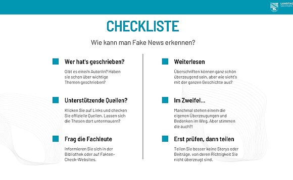 Checkliste, wie man Fake News besser erkennen kann.