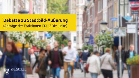 ltlsa/Canva Ein Bild von einer Innenstadt, darüber der Text "Debatte zu Stadtbild-Äußerung (Anträge der Fraktionen CDU / Die Linke)"