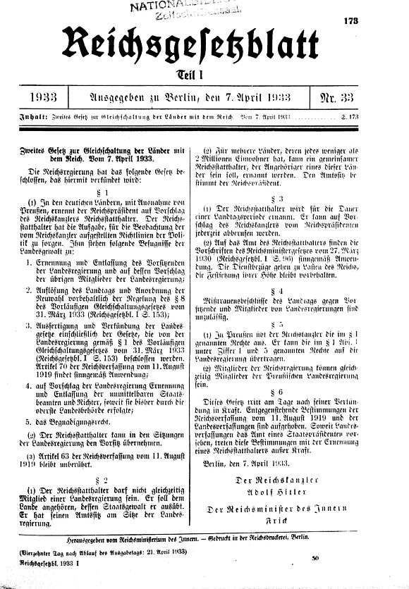 Titelblatt des Reichsgesetzblatts vom 7. April 1933, durch das das zweite Gleichschaltungsgesetz in Kraft trat.