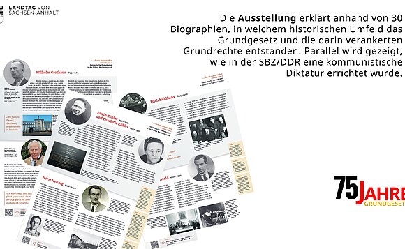 Info-Tafel zur Veranstaltung "75 Jahre Grundgesetz" im Landtag von Sachsen-Anhalt.