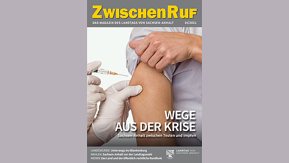 Das Foto zeigt das Titelbild der ersten Ausgabe 2021 des Zwischenrufs. Zu sehen ist der Vorgang einer Impfung.