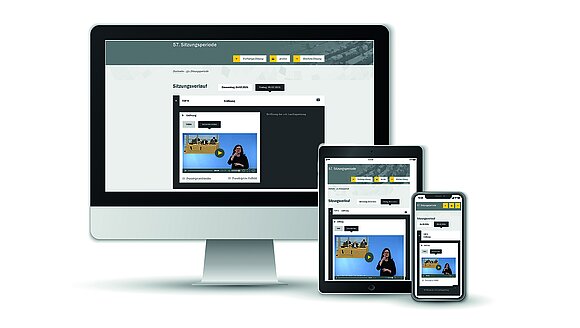 PC-Monitor, Tablet und Smartphone zeigen Videoarchiv des Landtags