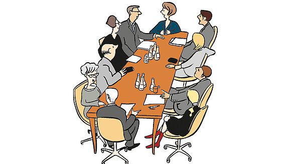 Zeichnung: Menschen sitzen um einen Tisch