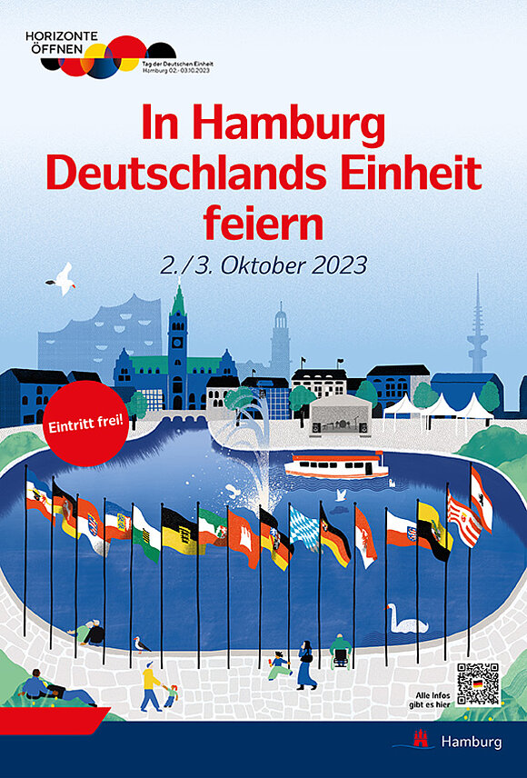 Plakat zum Tag der Deutschen Einheit 2023 in Hamburg.