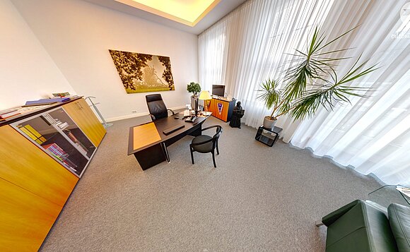 Amtszimmer des Landtagspräsidenten. Im Büro stehen unter anderem ein Schreibtisch, eine Sitzkombination diverse Schränke und Pflanzen. An der Wand hinter dem Schreibtisch hängt eine Naturaufnahme.