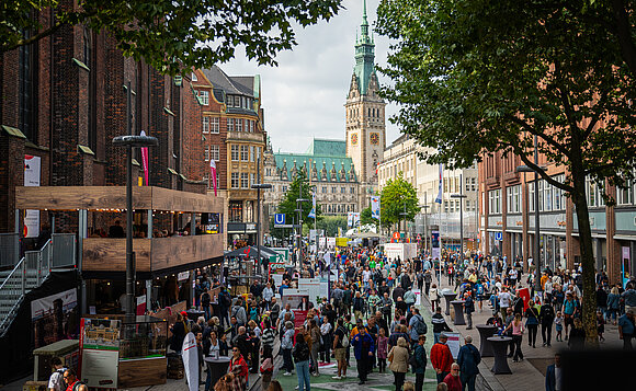 Festival der Einheit in Hamburg 2023: Blick über die Ländermeile Richtung Rathaus: Mehr als 300000 Menschen besuchten bereits am ersten Tag das Bürgerfest.