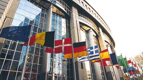 Flaggen der Mitgliedsländer vor dem europäischen Parlament in Brüssel.