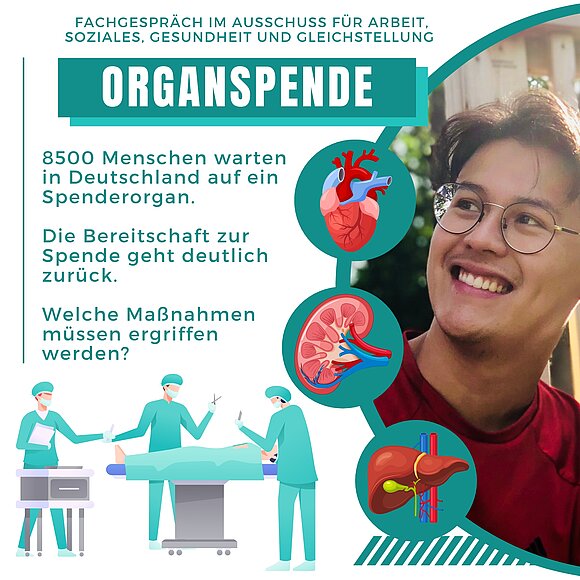 ltlsa Graphik zu Fachgespräch über Organspende: Fragenkatalog und kleine Bilder von menschlichen Organen.