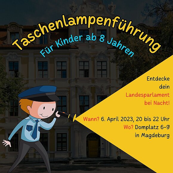 Plakat mit kleinem Jungen und Taschenlampe