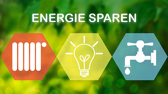 Dominik Neudecker - stock.adobe.com Icons von Heizung, Glühbirne und Wasserhahn sowie die Worte Energie sparen.