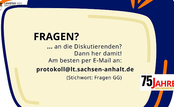 Info-Tafel zur Veranstaltung "75 Jahre Grundgesetz" im Landtag von Sachsen-Anhalt.