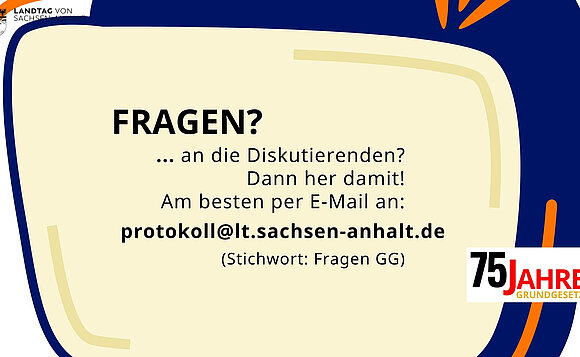 Info-Tafel zur Veranstaltung "75 Jahre Grundgesetz" im Landtag von Sachsen-Anhalt.