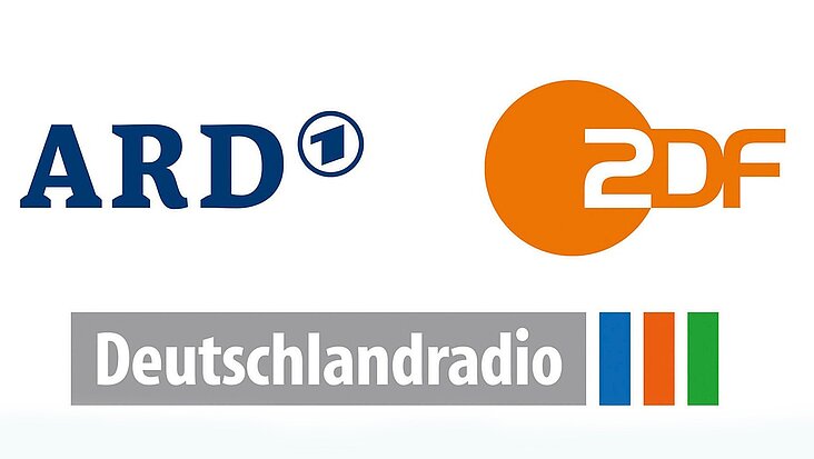 Logos der drei großen Senderanstalten des öffentlich-rechtlichen Rundfunks: ARD, ZDF und Deutschlandradio.