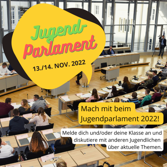 ltlsa Werbeplakat mit Sprechblase und Plenarsaal im Hintergrund