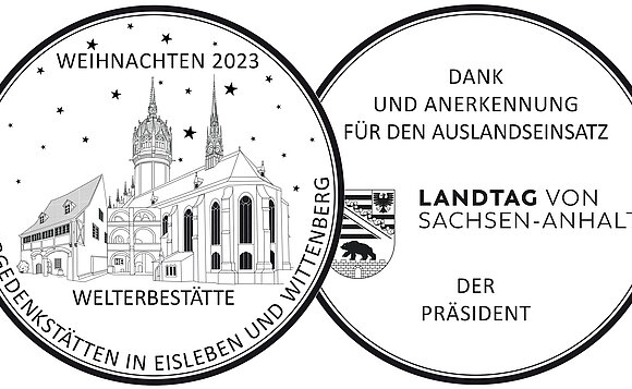 Die Anerkennungsmedaille (hier der graphische Entwurf) verweist in diesem Jahr auf die Welterbestätten in den Lutherstädten Wittenberg und Eisleben.