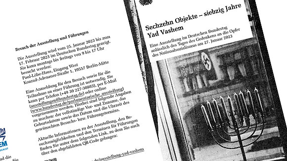 Nava Gilo/Yad Vashem/Bundestag Flyer zur Ausstellung „Sechzehn Objekte – siebzig Jahre Yad Vashem“.