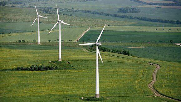 Wind-Räder stehen auf grüner Wiese