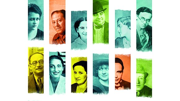 Plakat der Bente-Kahan-Stiftung Das Foto zeigt viele Gesichter nebeneinander mit bunten Farbfiltern hinterlegt.