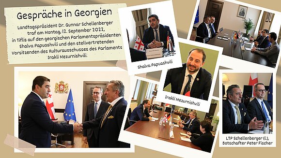 Fotocollage von Bildern des Landtagspräsidenten mit Politikern in Georgien.