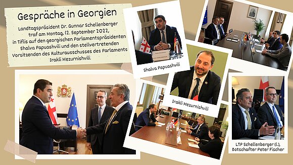 Parlament Georgien Fotocollage von Bildern des Landtagspräsidenten mit Politikern in Georgien.