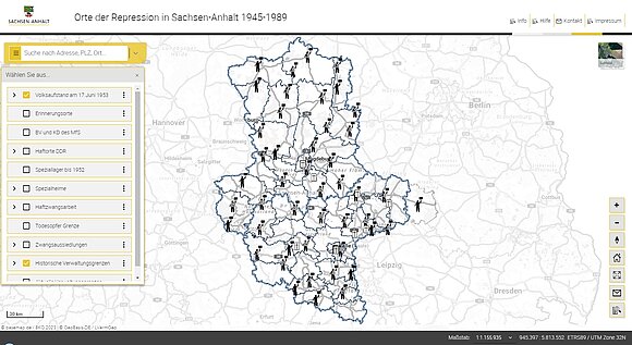 Karte, auf der Eignisse und Orte zur DDR-Geschichte in Sachsen-Anhalt verzeichnet sind.