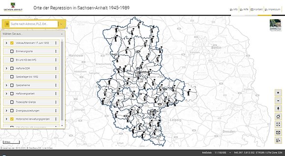 LzA Karte, auf der Eignisse und Orte zur DDR-Geschichte in Sachsen-Anhalt verzeichnet sind.