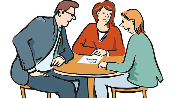 Zeichnung: Menschen sitzen an Tisch und diskutieren.