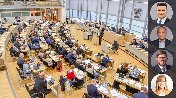 ltlsa Portraitbilder der fünf Mitglieder vor dem Hintergrund des vollbesetzen Plenarsaals.